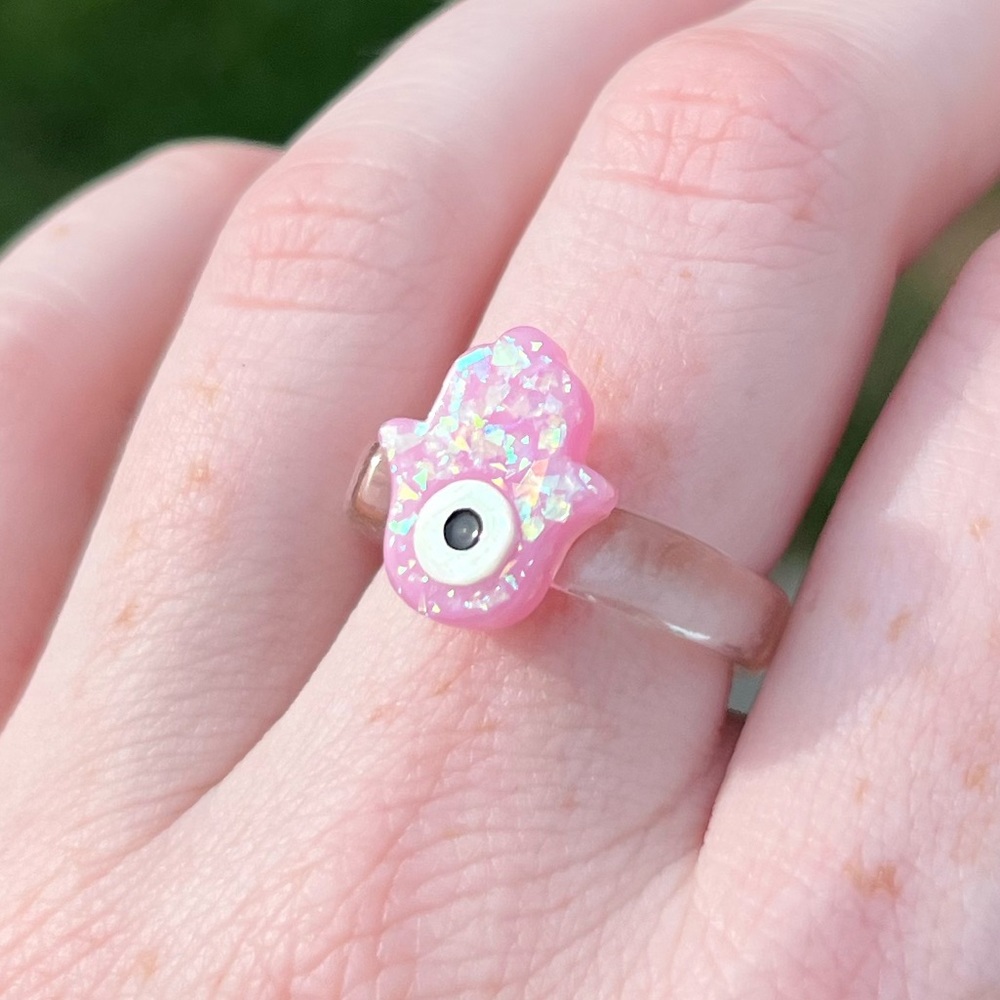 Hamsa Evil Eye Sparkle Ring Magenta Y2K - Picture 6 of 7